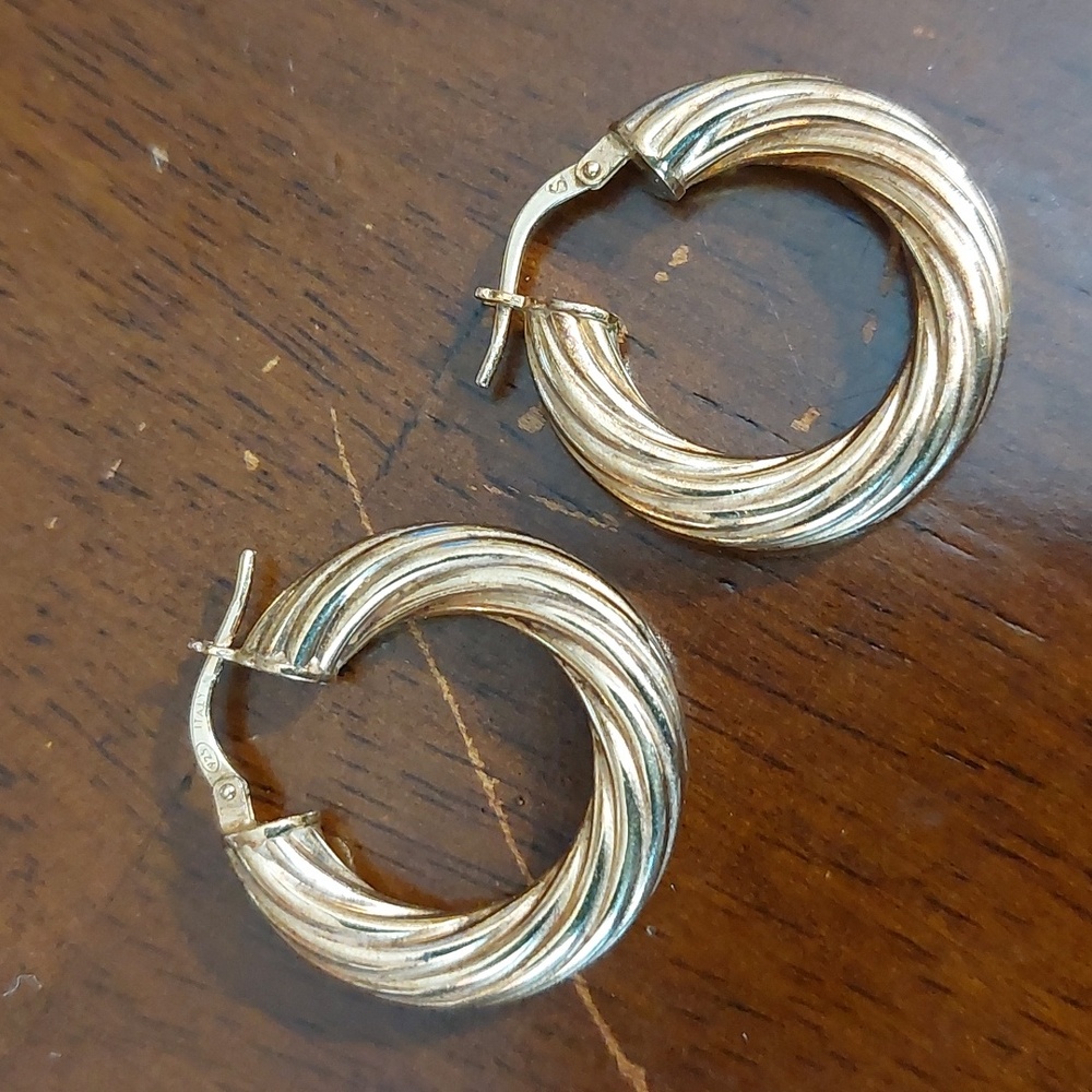 925 Italy Gold Over Sterling Round Textured Twist Hoop Earrings
